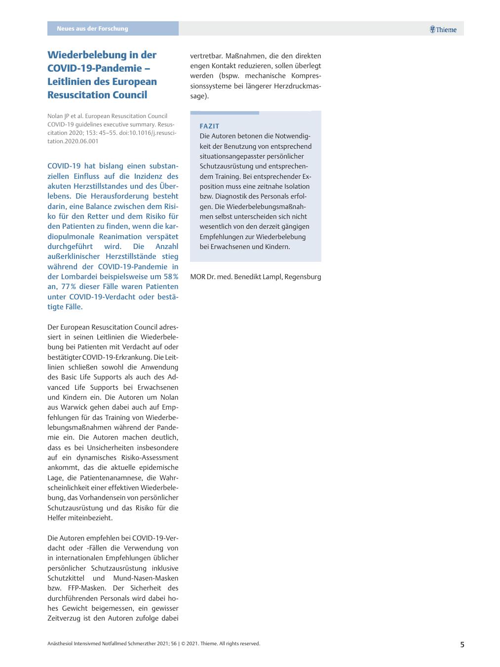 Vorschauseite 1: Wiederbelebung in der COVID-19-Pandemie – Leitlinien des European Resuscitation Council