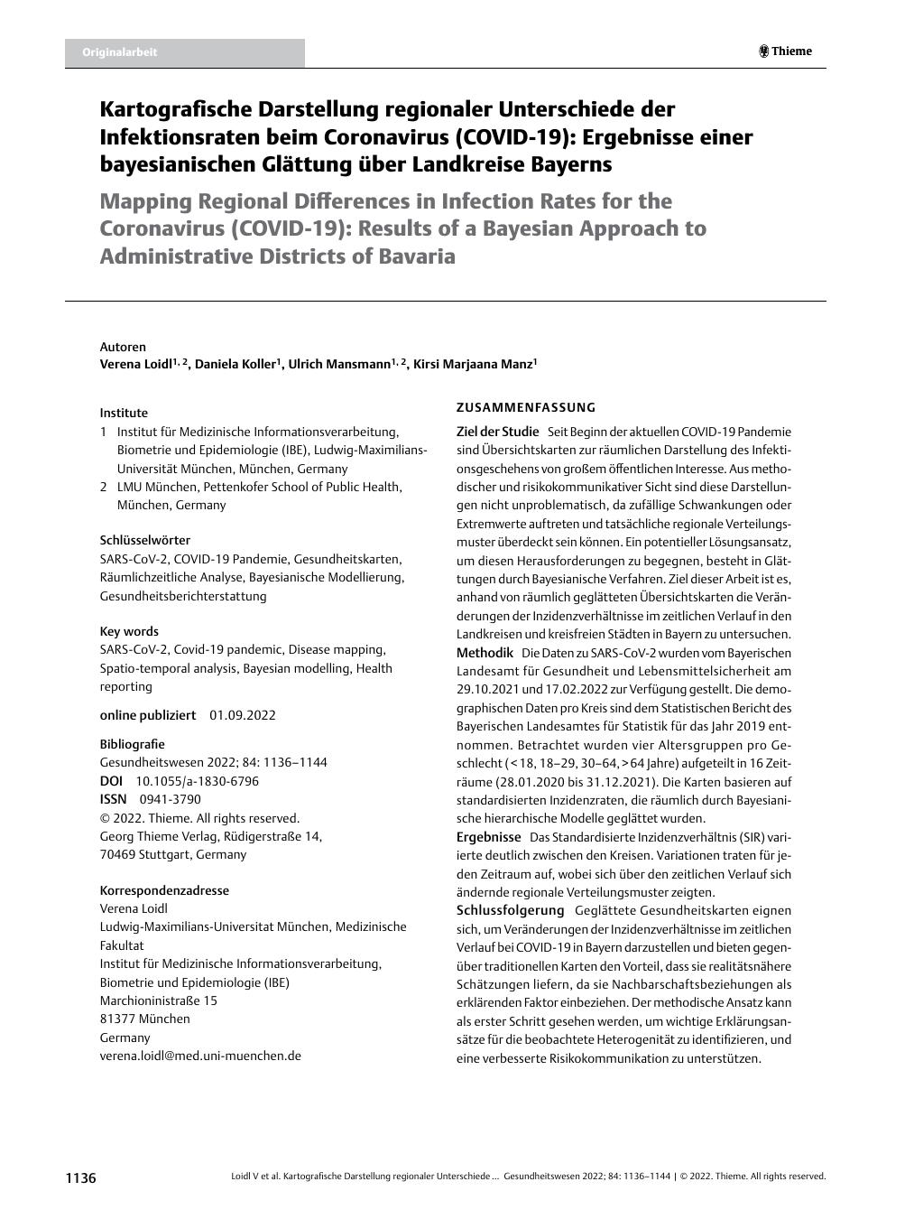 Vorschauseite 1: Kartografische Darstellung regionaler Unterschiede der Infektionsraten beim Coronavirus (COVID-19): Ergebnisse einer bayesianischen Glättung über Landkreise Bayerns