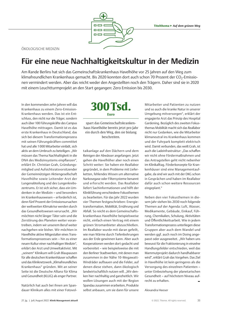 Vorschauseite 1: Ökologische Medizin: Für eine neue Nachhaltigkeitskultur in der Medizin