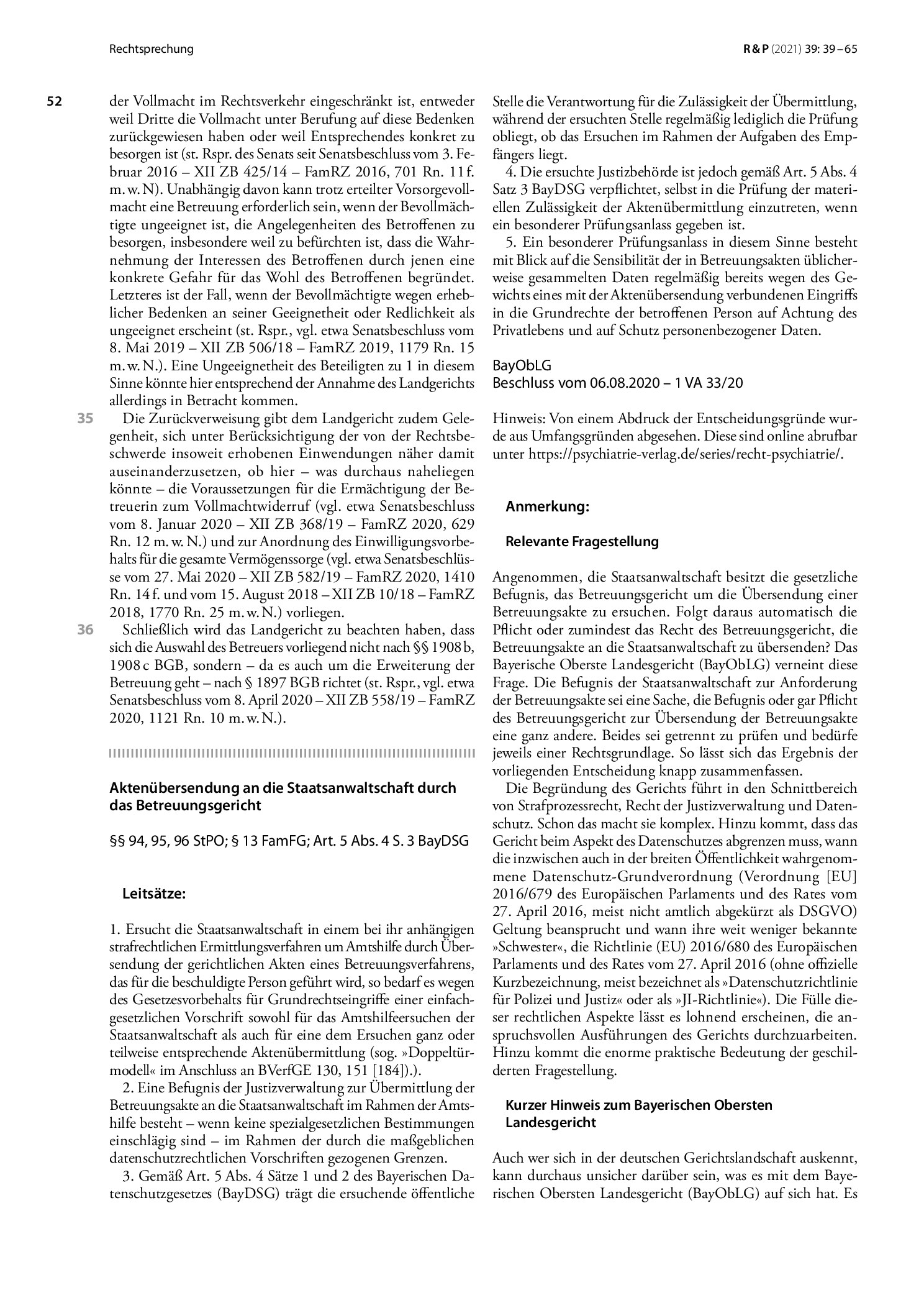 Vorschauseite 1: Aktenübersendung an die Staatsanwaltschaft durch das Betreuungsgericht