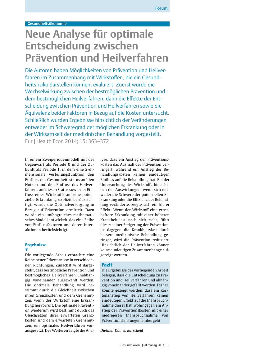 Vorschauseite 1: Gesundheitsökonomie ? Neue Analyse für optimale Entscheidung zwischen Prävention und Heilverfahren