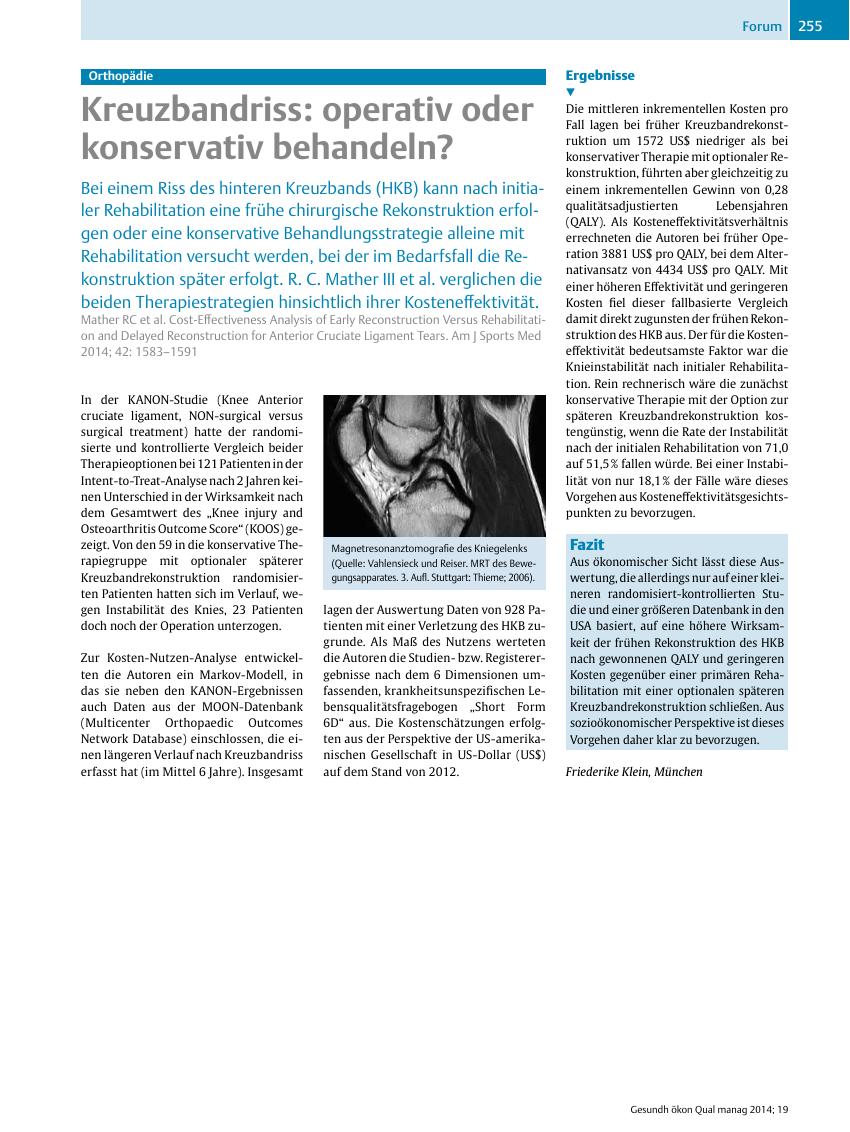 Vorschauseite 1: Orthopädie ? Kreuzbandriss: operativ oder konservativ behandeln?