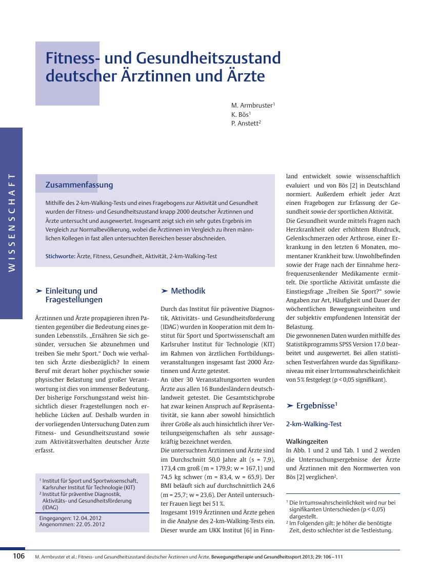 Vorschauseite 1: Fitnessund Gesundheitszustand deutscher Ärztinnen und Ärzte