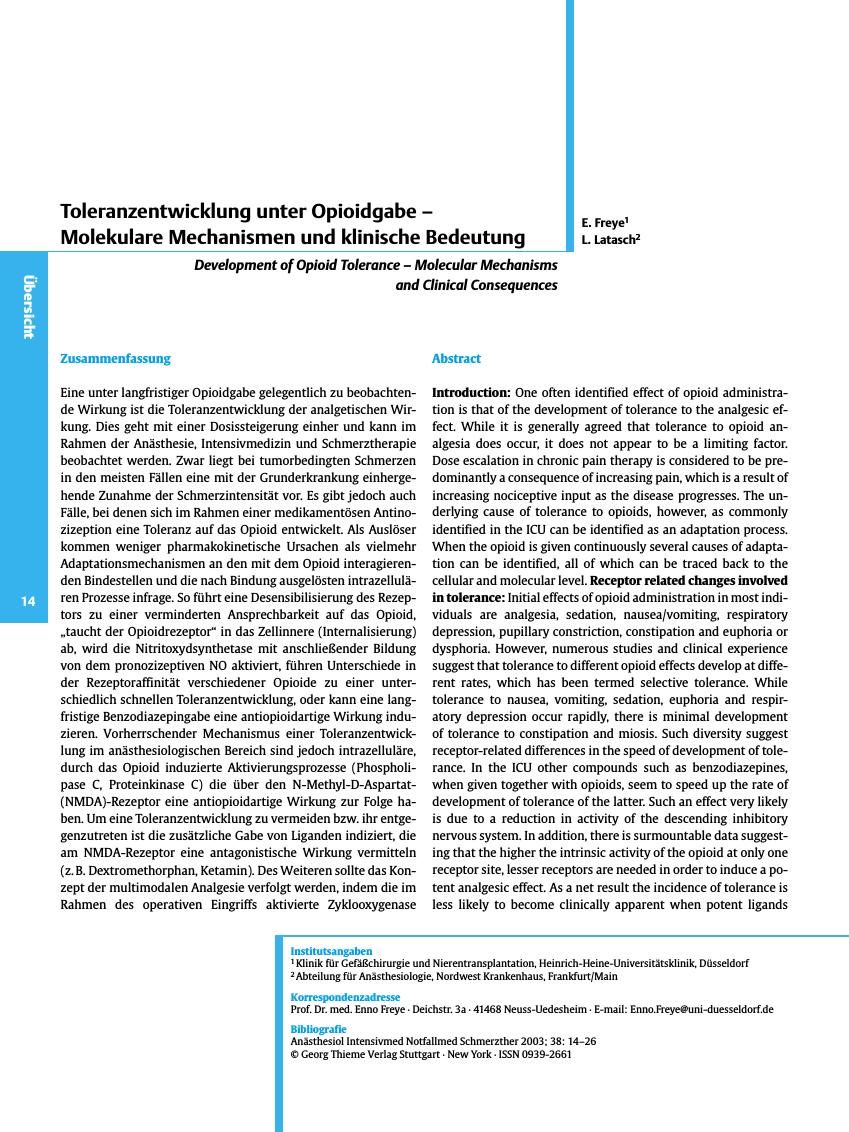 Vorschauseite 1: Toleranzentwicklung unter Opioidgabe - Molekulare Mechanismen und klinische Bedeutung