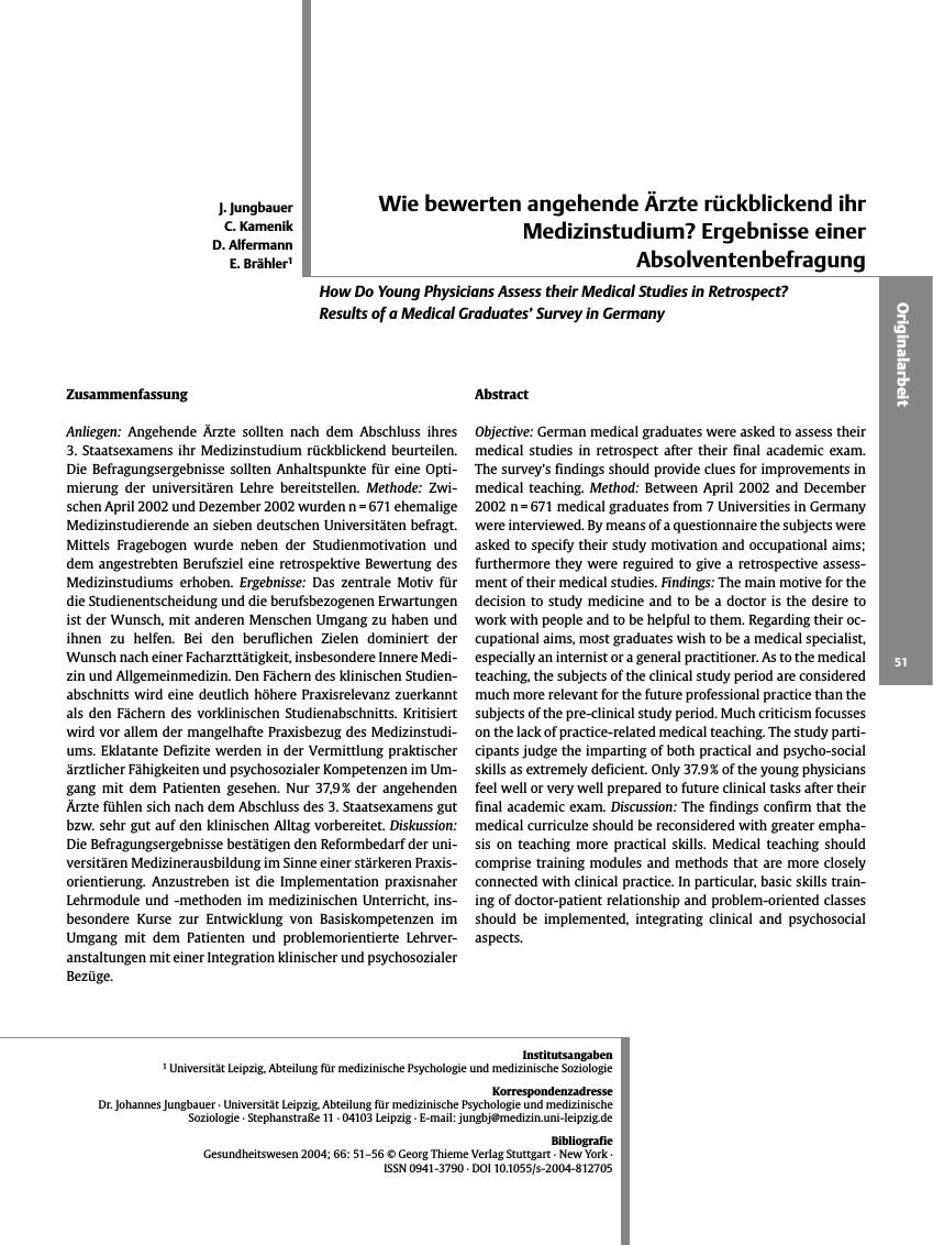 Vorschauseite 1: Wie bewerten angehende Ärzte rückblickend ihr Medizinstudium? Ergebnisse einer Absolventenbefragung