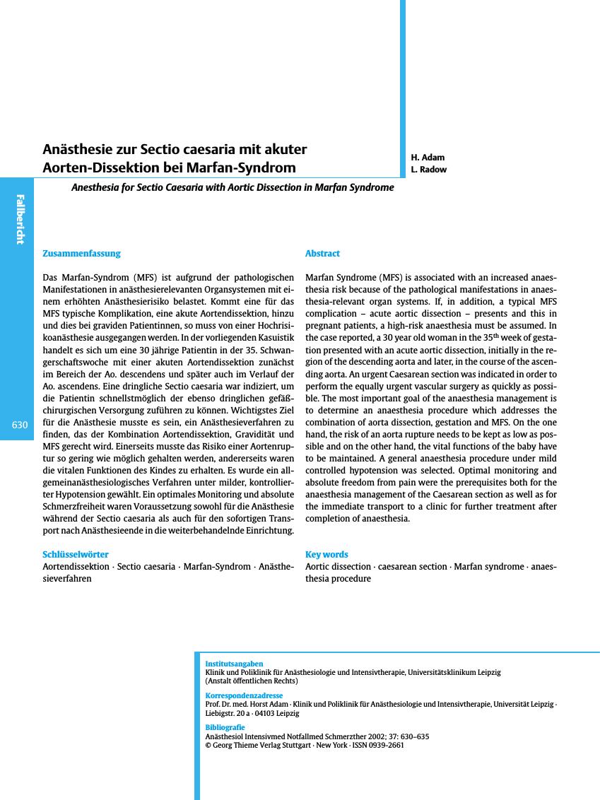 Vorschauseite 1: Anästhesie zur Sectio caesaria mit akuter Aorten-Dissektion bei Marfan-Syndrom