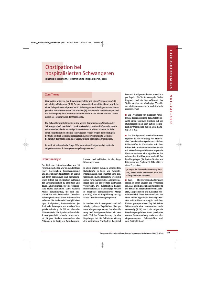 Vorschauseite 1: Obstipation bei hospitalisierten Schwangeren