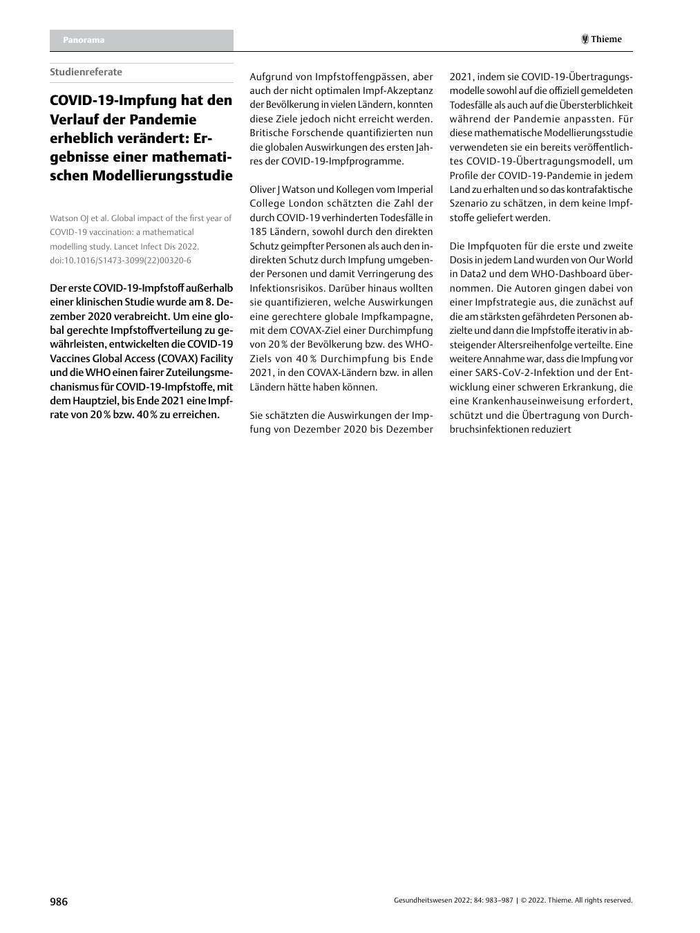 Vorschauseite 1: COVID-19-Impfung hat den Verlauf der Pandemie erheblich verändert: Ergebnisse einer mathematischen Modellierungsstudie