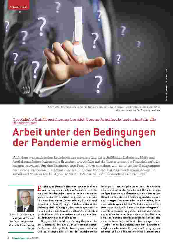 Vorschauseite 1: Gesetzliche Unfallversicherung bereitet Corona-Arbeitsschutzstandard für alle Branchen auf, um Arbeit unter den Bedingungen der Pandemie zu ermöglichen.