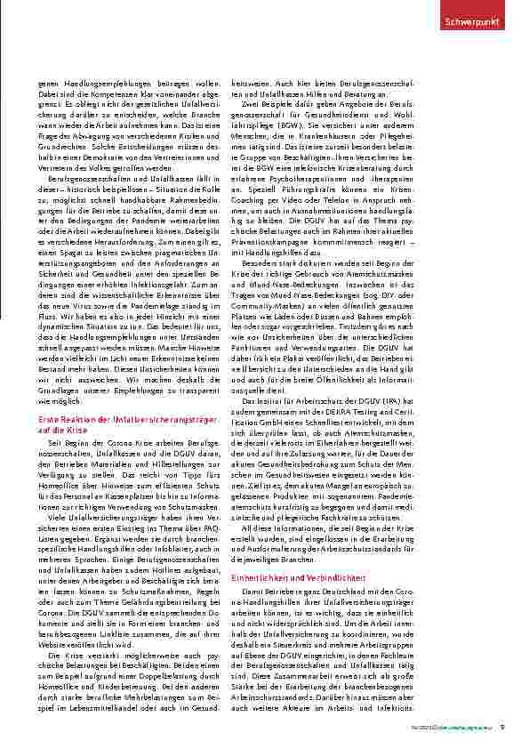 Vorschauseite 2: Gesetzliche Unfallversicherung bereitet Corona-Arbeitsschutzstandard für alle Branchen auf, um Arbeit unter den Bedingungen der Pandemie zu ermöglichen.