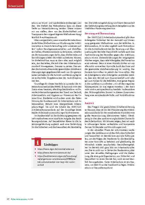 Vorschauseite 3: Gesetzliche Unfallversicherung bereitet Corona-Arbeitsschutzstandard für alle Branchen auf, um Arbeit unter den Bedingungen der Pandemie zu ermöglichen.