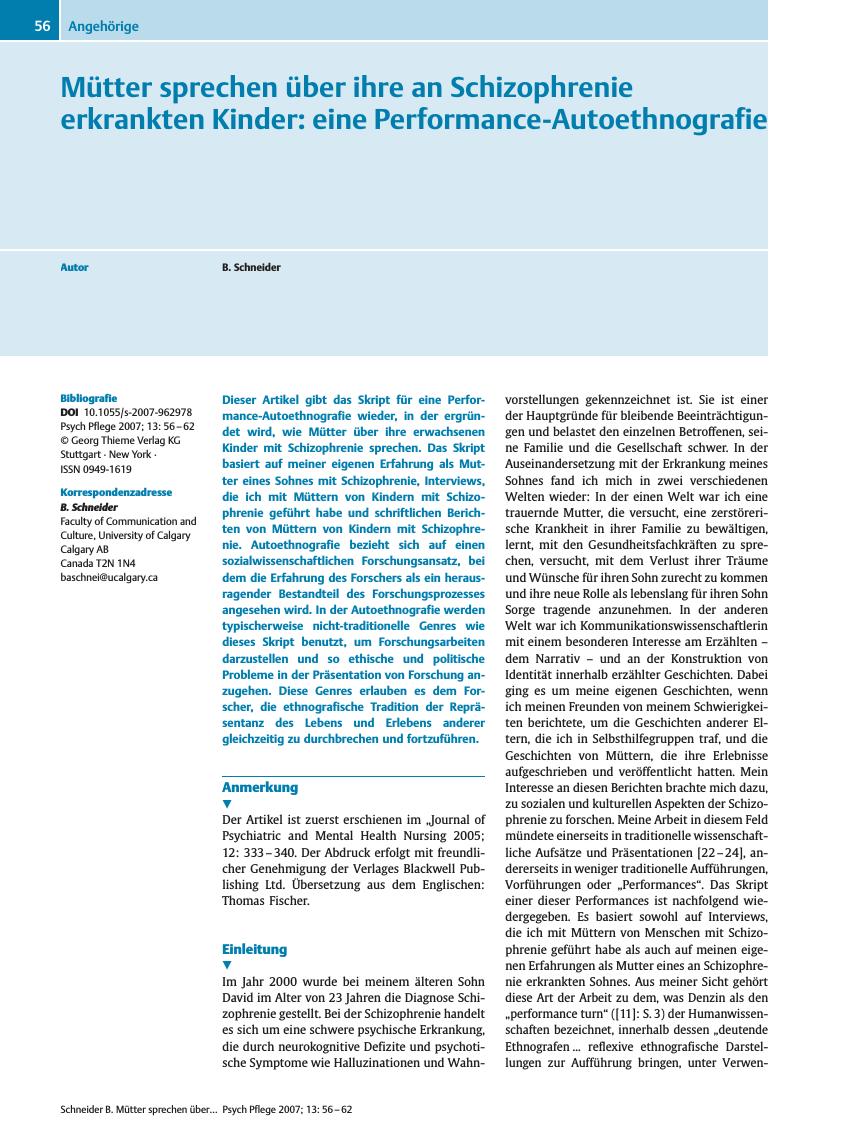 Vorschauseite 1: Mütter sprechen über ihre an Schizophrenie erkrankten Kinder: eine Performance-Autoethnografie