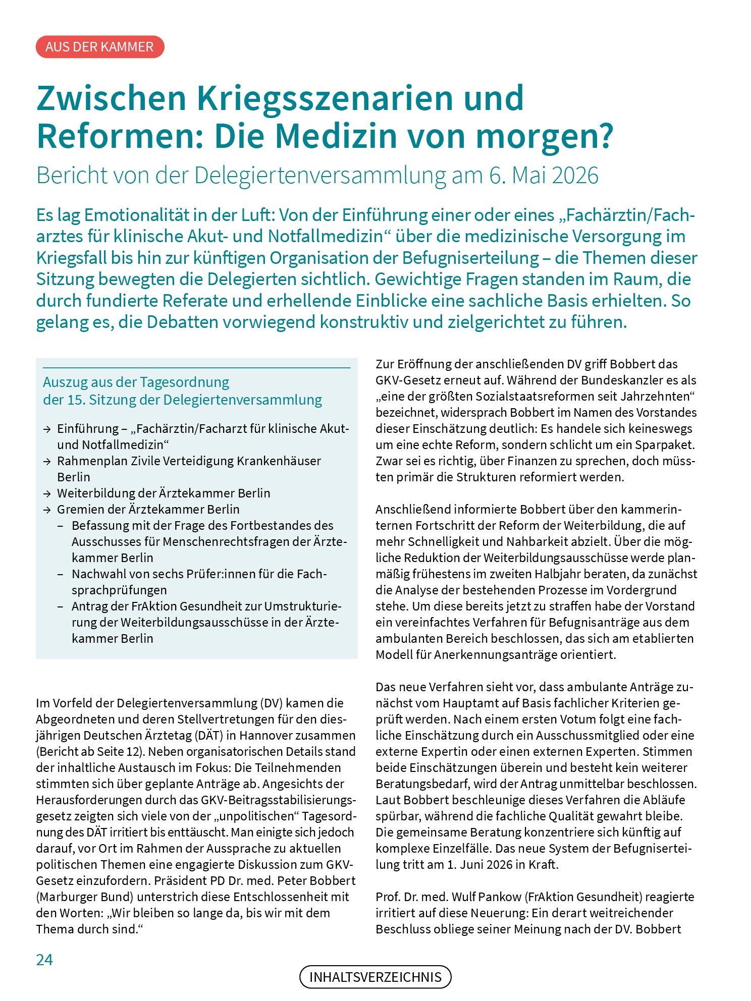 Vorschauseite 1: Zwischen Kriegsszenarien und Reformen: Die Medizin von morgen? Bericht von der Delegiertenversammlung am 6. Mai 2026