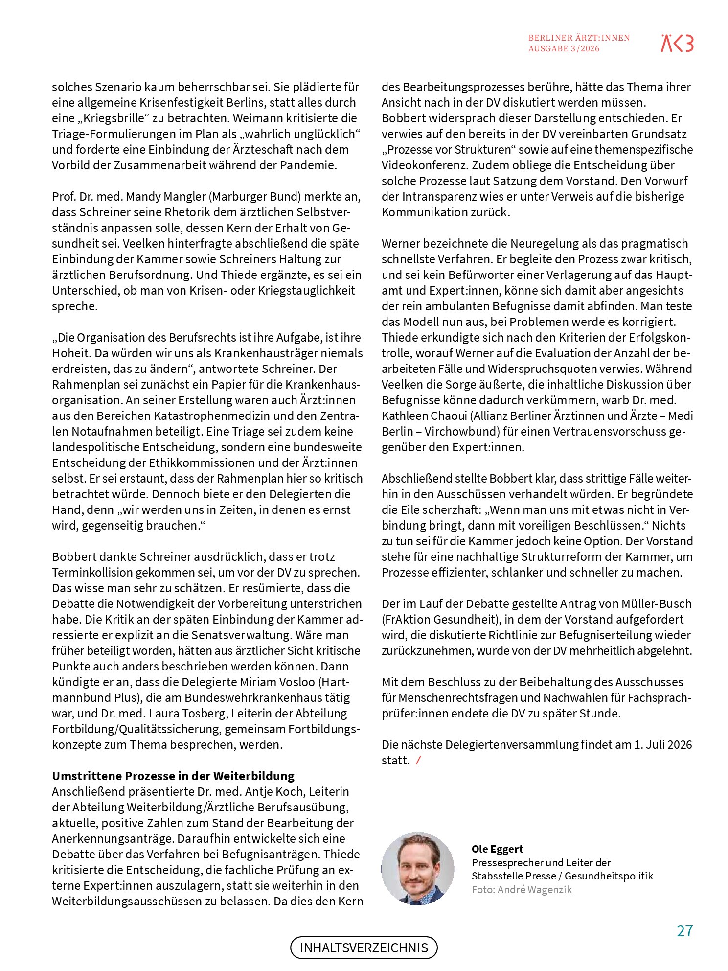 Vorschauseite 4: Zwischen Kriegsszenarien und Reformen: Die Medizin von morgen? Bericht von der Delegiertenversammlung am 6. Mai 2026