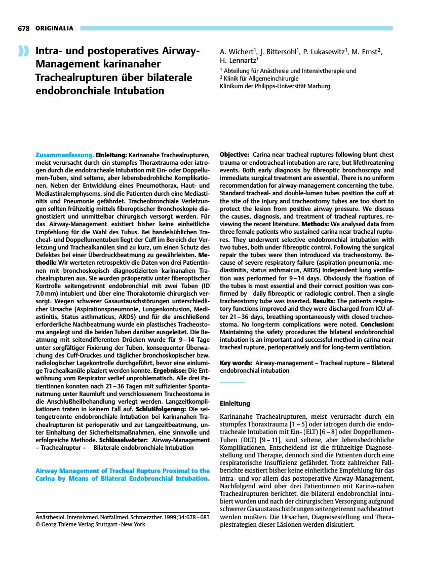 Vorschauseite 1: Intraund postoperatives Airway-Management karinanaher Trachealrupturen über bilaterale endobronchiale Intubation