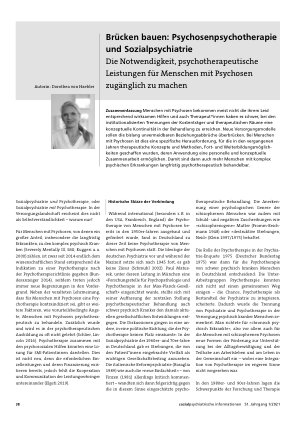 Vorschauseite 1: 38 sozialpsychiatrische informationen 51. Jahrgang 1/2021 Brücken bauen: Psychosenpsychotherapie und Sozialpsychiatrie. Die Notwendigkeit, psychotherapeutische Leistungen für Mens…
