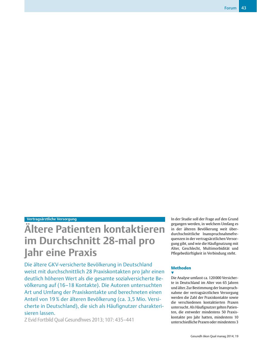 Vorschauseite 1: Vertragsärztliche Versorgung – Ältere Patienten kontaktieren im Durchschnitt 28-mal pro Jahr eine Praxis