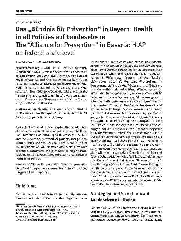Vorschauseite 1: Das „Bündnis für Prävention“ in Bayern: Health in all Policies auf Landesebene
