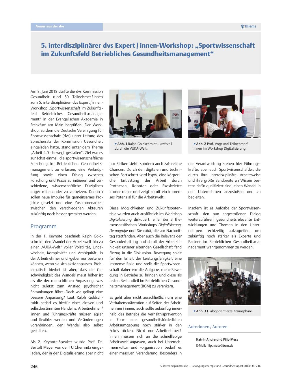 Vorschauseite 1: 5. interdisziplinärer dvs Expert / innen-Workshop: „Sportwissenschaft im Zukunftsfeld Betriebliches Gesundheitsmanagement“