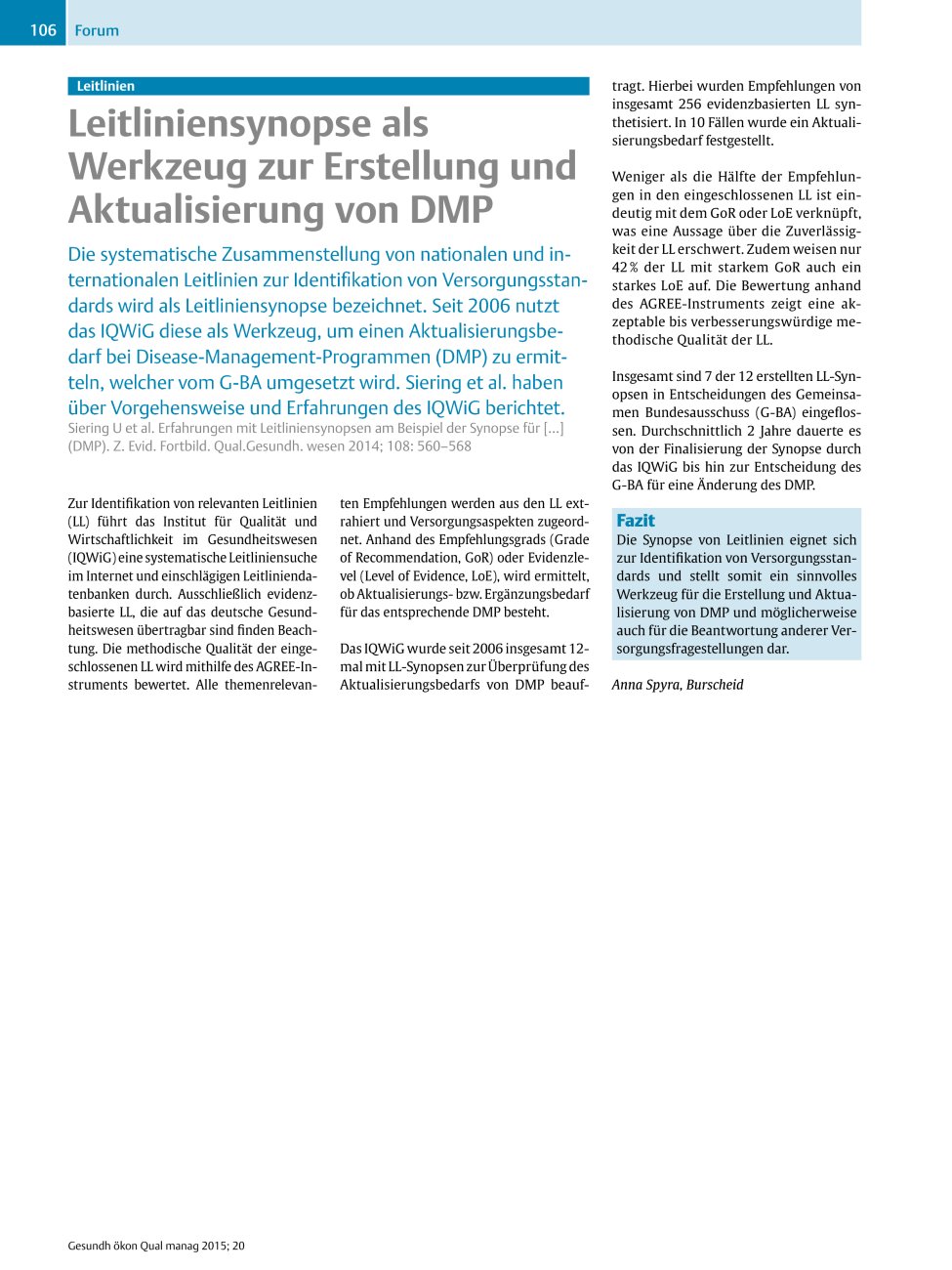 Vorschauseite 1: Leitlinien ? Leitliniensynopse als Werkzeug zur Erstellung und Aktualisierung von DMP