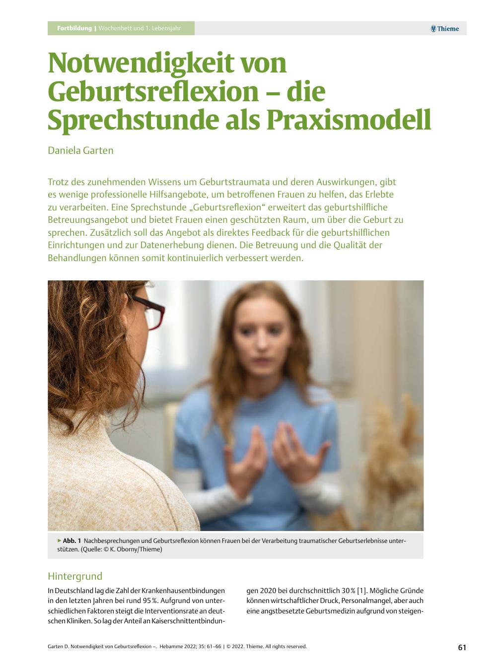 Vorschauseite 1: Notwendigkeit von Geburtsreflexion – die Sprechstunde als Praxismodell