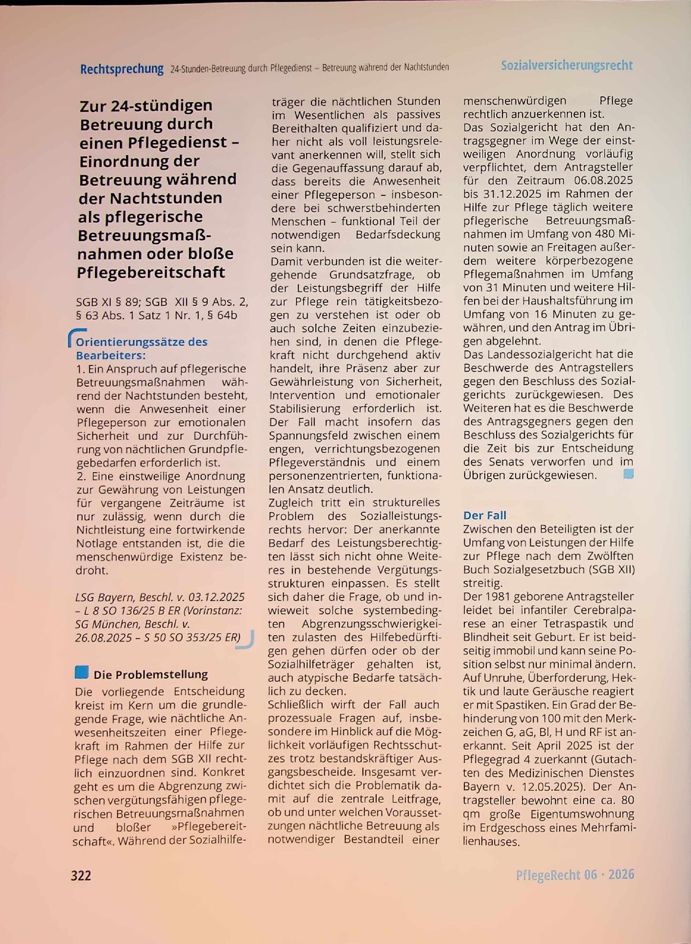 Vorschauseite 1: 24-Stunden-Betreuung durch Pflegedienst. Einordnung der Betreuung während der Nachtstunden als pflegerische Betreuungsmaßnahmen oder bloße Pflegebereitschaft