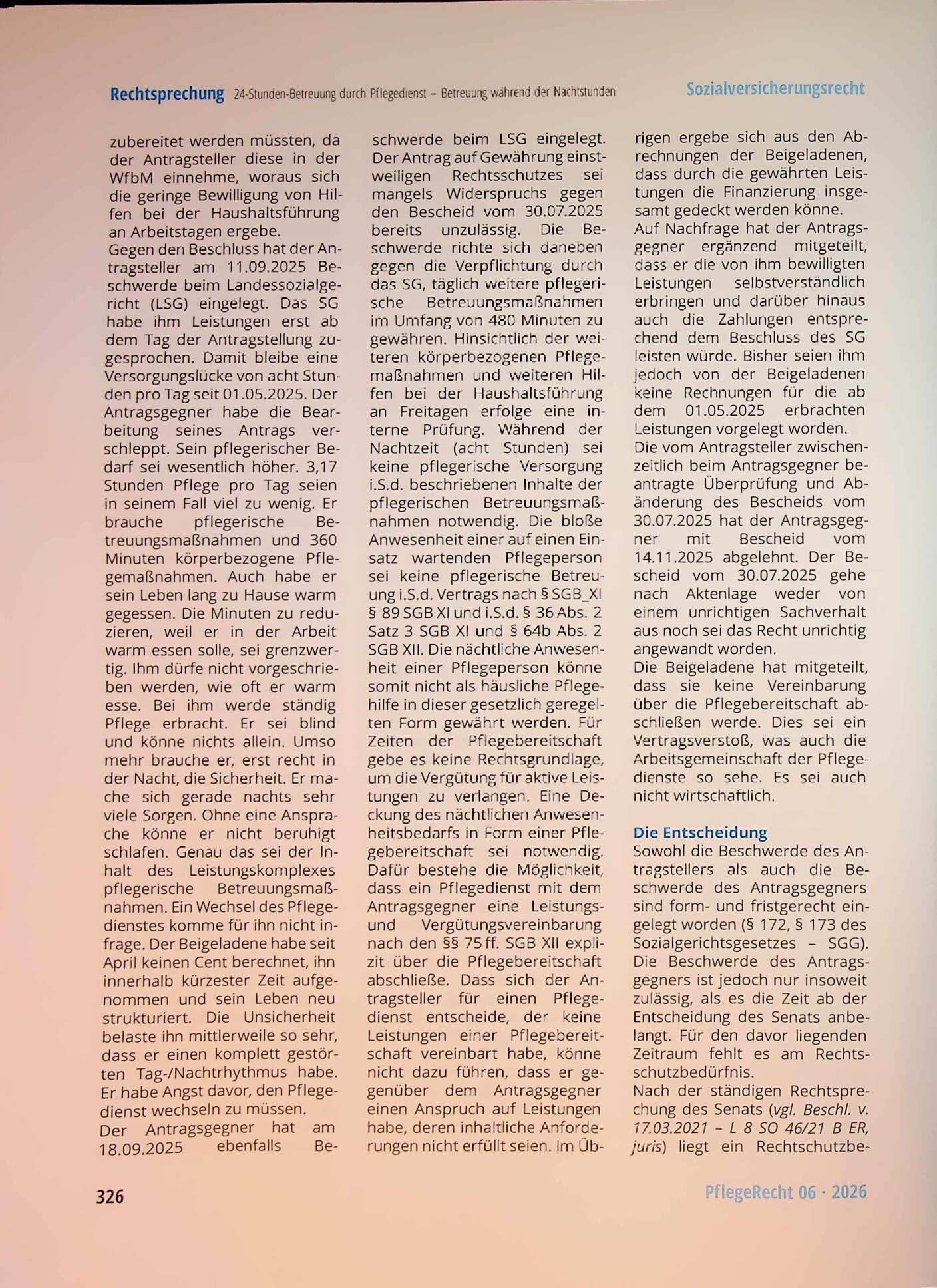 Vorschauseite 5: 24-Stunden-Betreuung durch Pflegedienst. Einordnung der Betreuung während der Nachtstunden als pflegerische Betreuungsmaßnahmen oder bloße Pflegebereitschaft