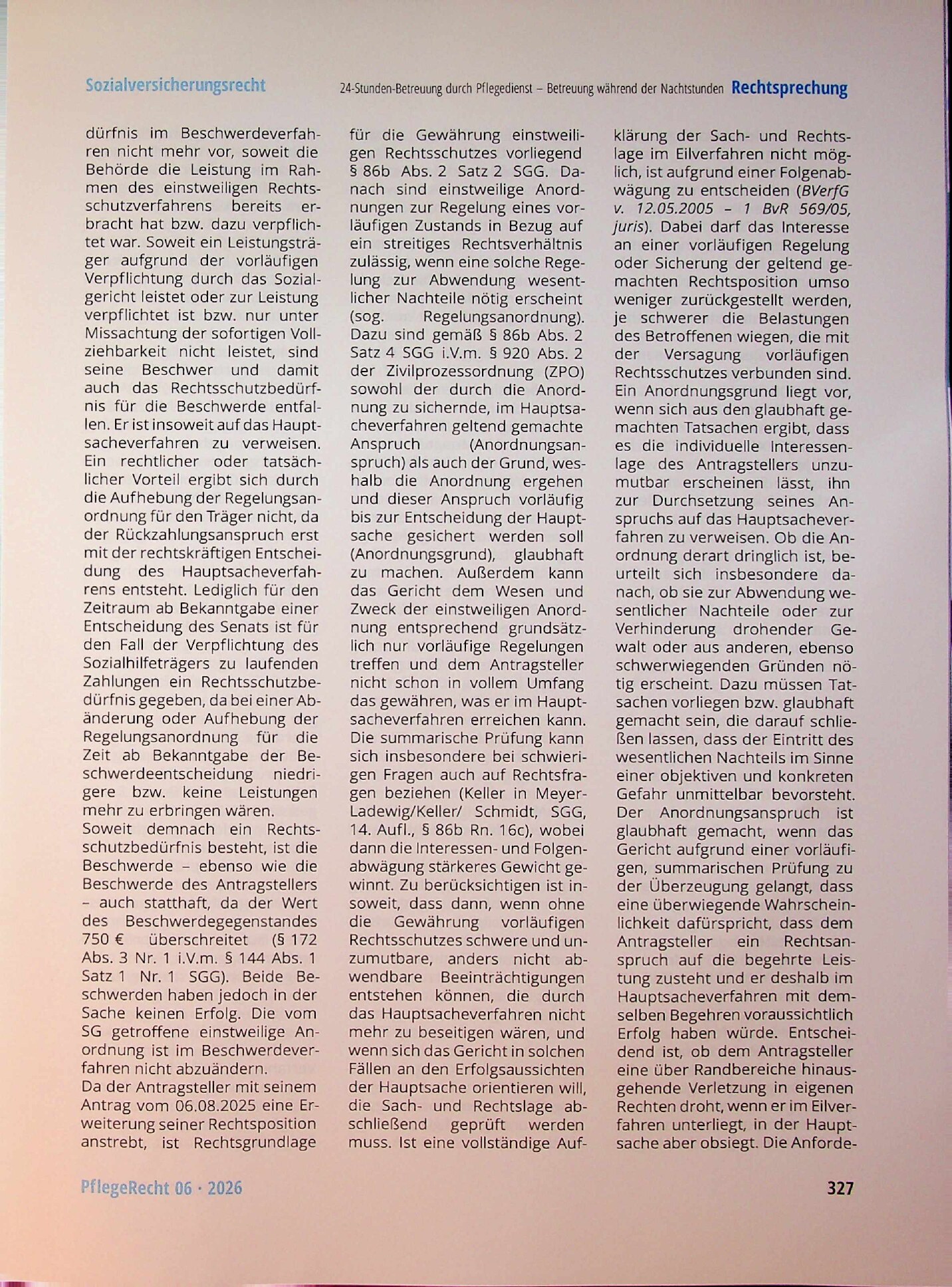 Vorschauseite 6: 24-Stunden-Betreuung durch Pflegedienst. Einordnung der Betreuung während der Nachtstunden als pflegerische Betreuungsmaßnahmen oder bloße Pflegebereitschaft