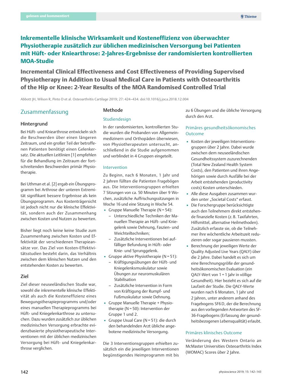 Vorschauseite 1: Inkrementelle klinische Wirksamkeit und Kosteneffizienz von überwachter Physiotherapie zusätzlich zur üblichen medizinischen Versorgung bei Patienten mit Hüftoder Kniearthrose: 2-…