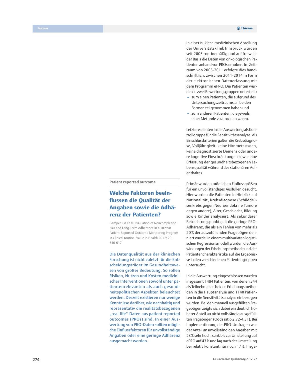 Vorschauseite 1: Patient reported outcome – Welche Faktoren beeinflussen die Qualität der Angaben sowie die Adhärenz der Patienten?