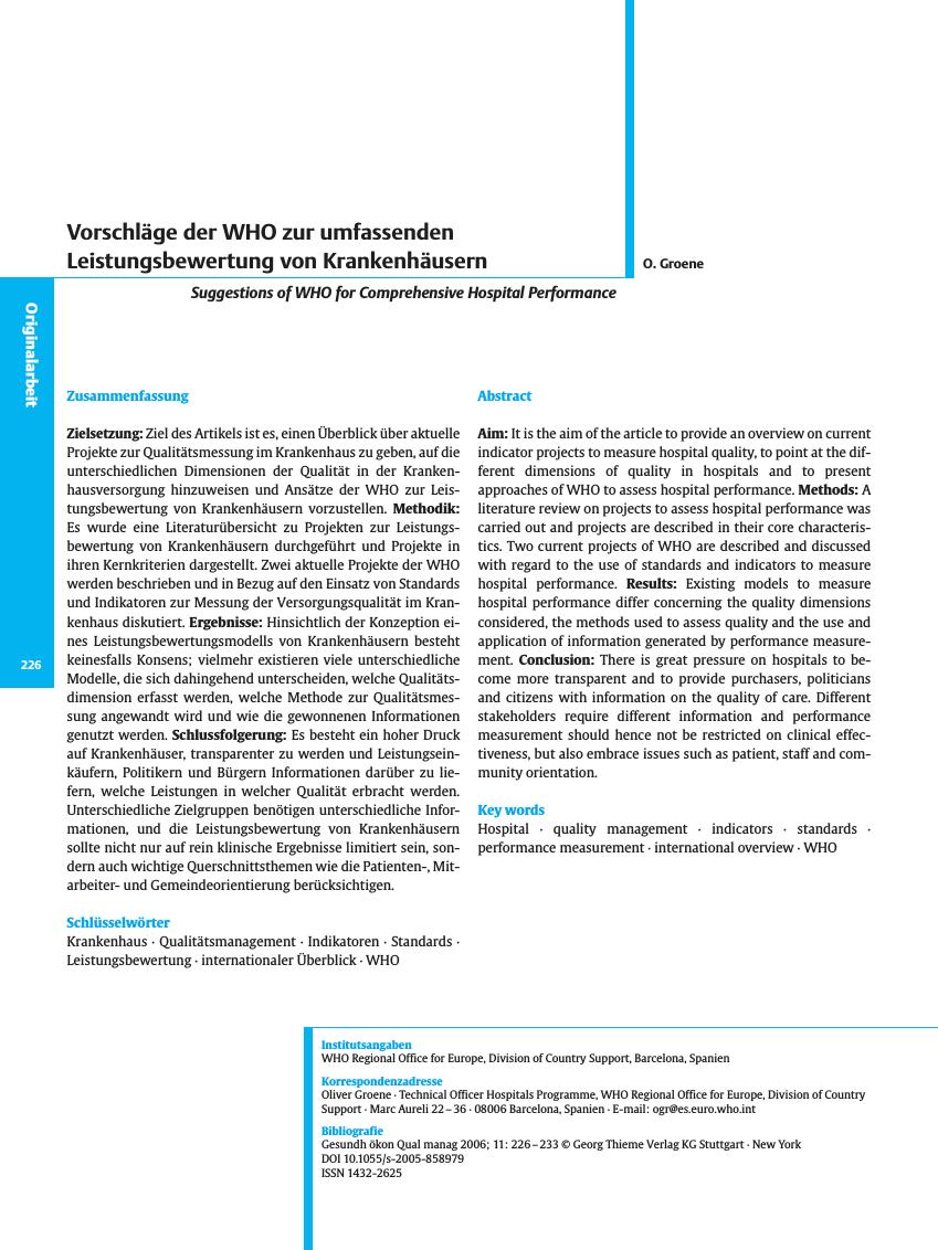 Vorschauseite 1: Vorschläge der WHO zur umfassenden Leistungsbewertung von Krankenhäusern