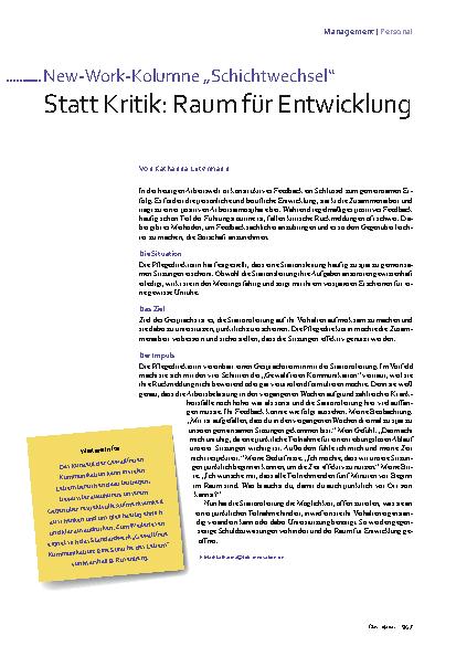 Vorschauseite 1: New-Work-Kolumne „Schichtwechsel“ Statt Kritik: Raum für Entwicklung
