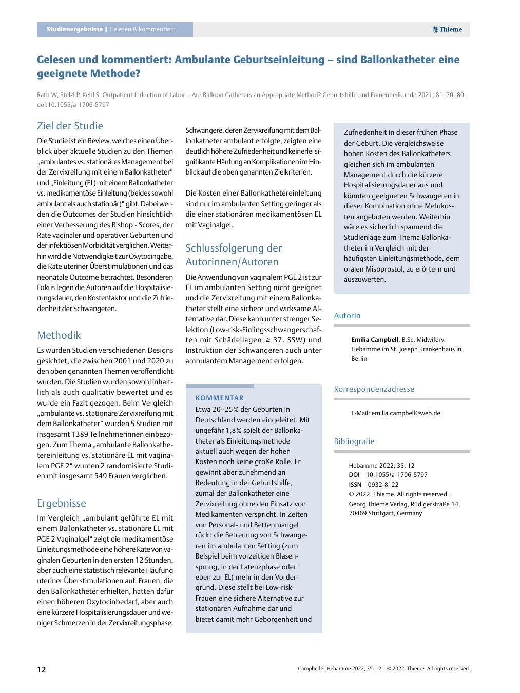 Vorschauseite 1: Gelesen und kommentiert: Ambulante Geburtseinleitung – sind Ballonkatheter eine geeignete Methode?