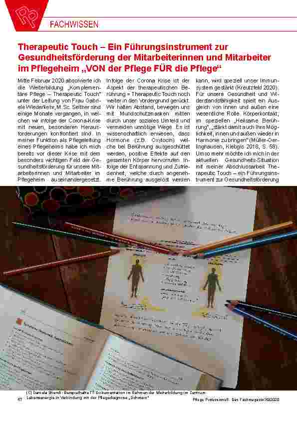 Vorschauseite 1: Therapeutic Touch – Ein Führungsinstrument zur Gesundheitsförderung der Mitarbeiterinnen und Mitarbeiter im Pflegeheim „VON der Pflege FÜR die Pflege“
