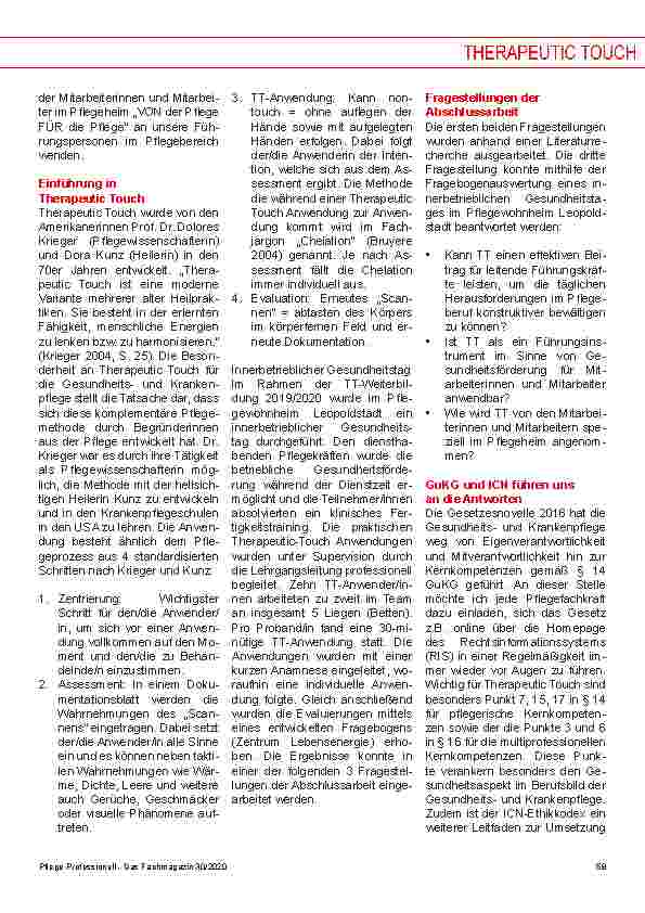 Vorschauseite 2: Therapeutic Touch – Ein Führungsinstrument zur Gesundheitsförderung der Mitarbeiterinnen und Mitarbeiter im Pflegeheim „VON der Pflege FÜR die Pflege“