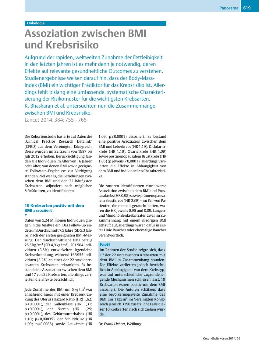 Vorschauseite 1: Assoziation zwischen BMI und Krebsrisiko