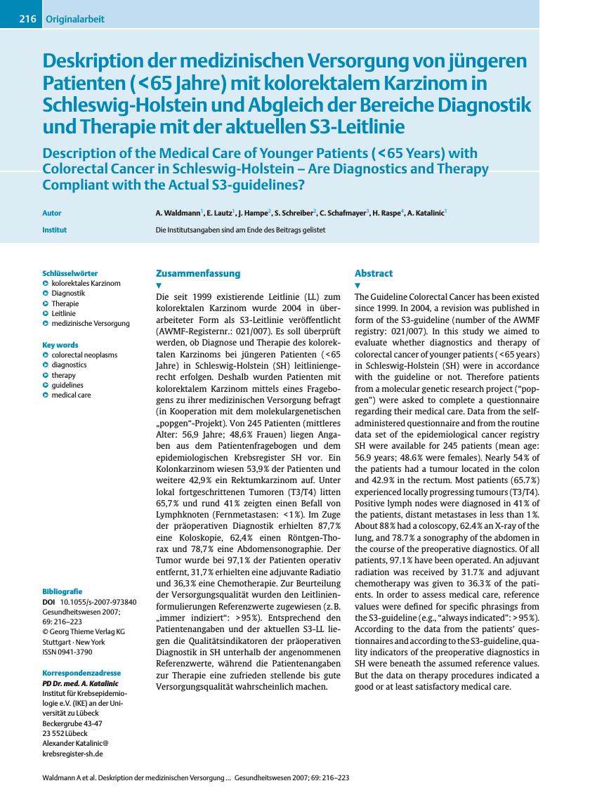 Vorschauseite 1: Deskription der medizinischen Versorgung von jüngeren Patienten (