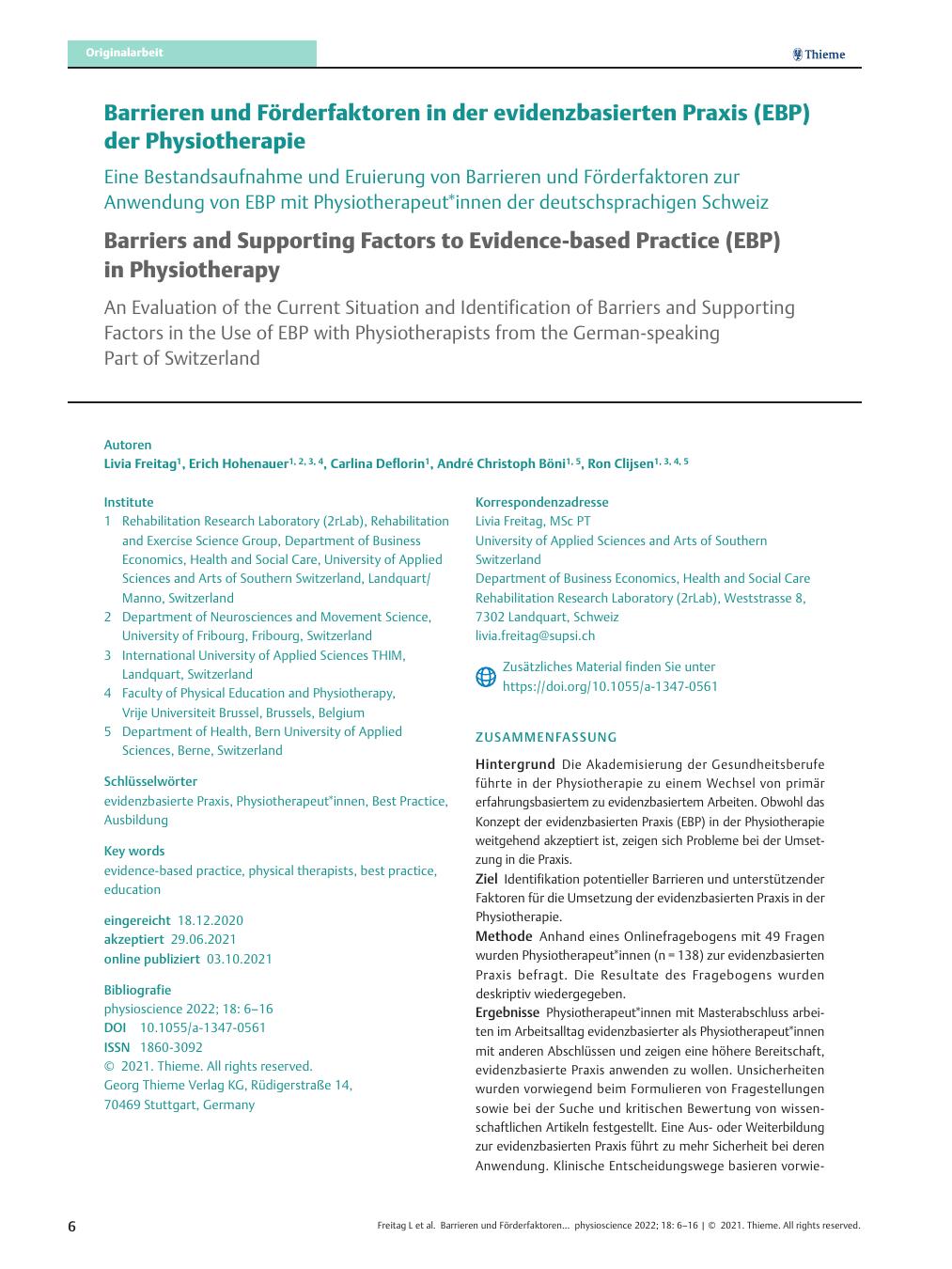 Vorschauseite 1: Barrieren und Förderfaktoren in der evidenzbasierten Praxis (EBP) der Physiotherapie – Eine Bestandsaufnahme und Erhebung von Barrieren und Förderfaktoren zur Anwendung von EBP mi…