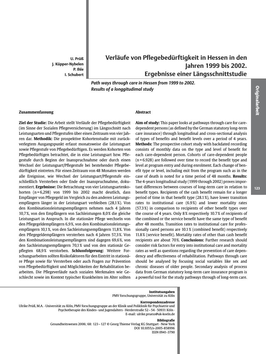 Vorschauseite 1: Verläufe von Pflegebedürftigkeit in Hessen in den Jahren 1999 bis 2002. Ergebnisse einer Längsschnittstudie