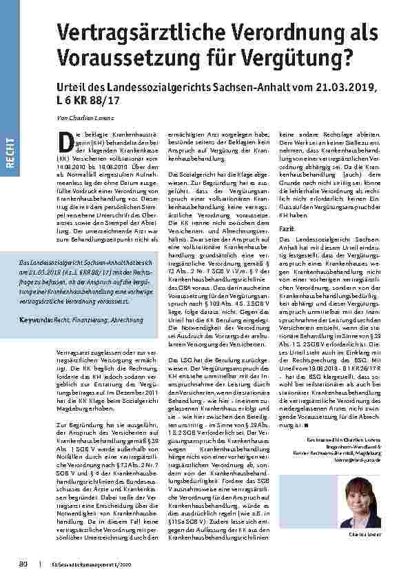 Vorschauseite 1: Vertragsärztliche Verordnung als Voraussetzung für Vergütung?