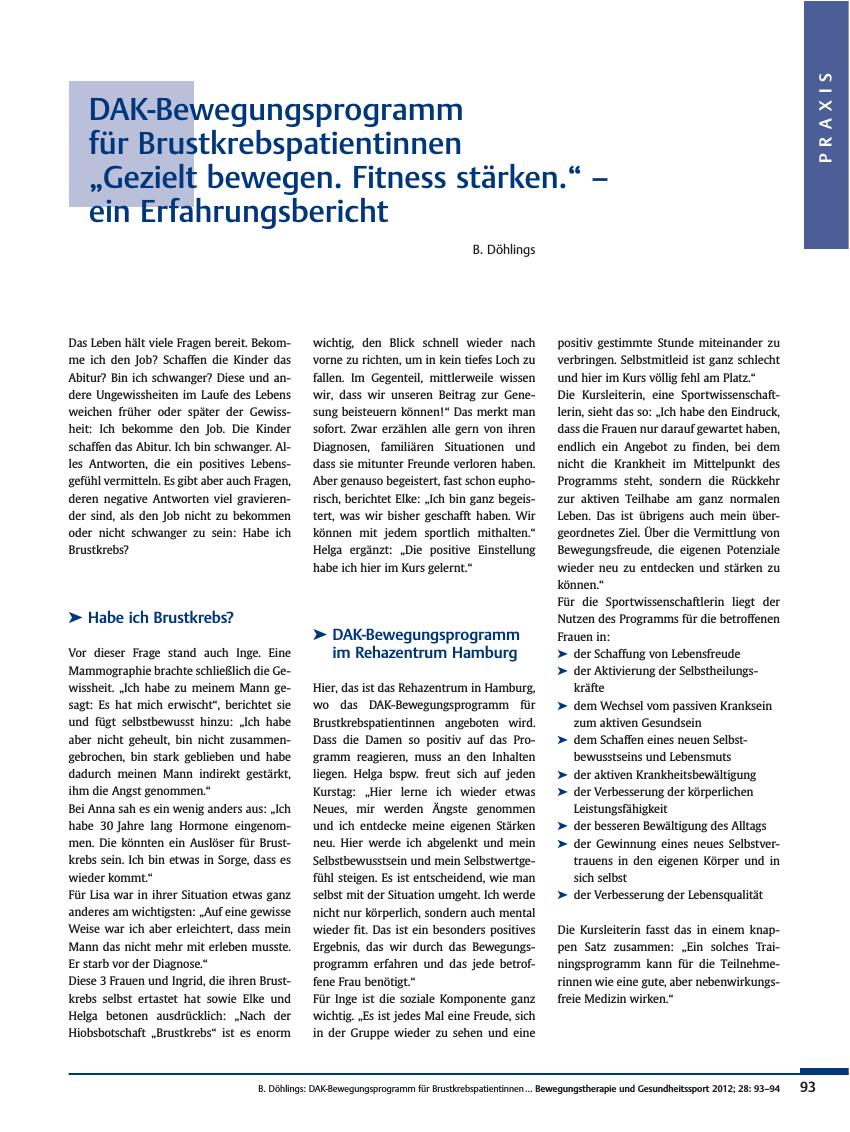 Vorschauseite 1: DAK-Bewegungsprogramm für Brustkrebspatientinnen „Gezielt bewegen. Fitness stärken.“ – ein Erfahrungsbericht