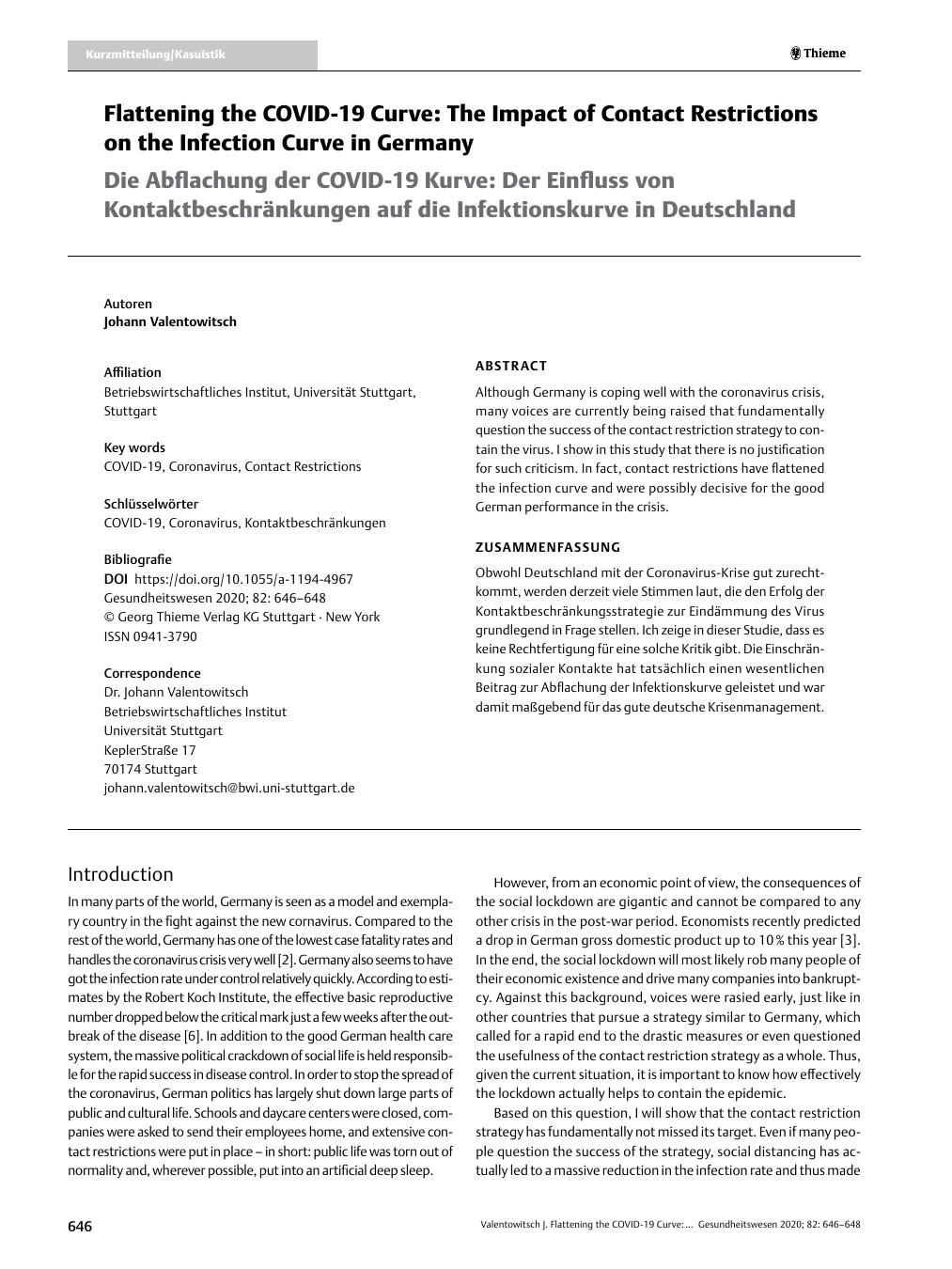 Vorschauseite 1: Flattening the COVID-19 Curve: The Impact of Contact Restrictions on the Infection Curve in Germany