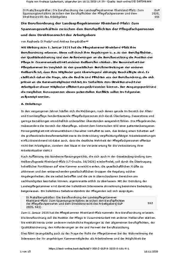 Vorschauseite 1: Die Berufsordnung der Landespflegekammer Rheinland-Pfalz: Zum Spannungsverhältnis zwischen den Berufspflichten der Pflegefachpersonen und dem Direktionsrecht des Arbeitgebers