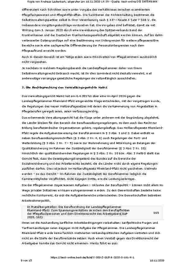 Vorschauseite 6: Die Berufsordnung der Landespflegekammer Rheinland-Pfalz: Zum Spannungsverhältnis zwischen den Berufspflichten der Pflegefachpersonen und dem Direktionsrecht des Arbeitgebers