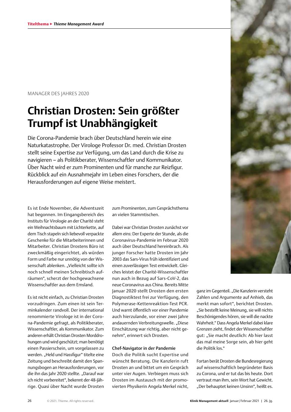 Vorschauseite 1: Manager des Jahres 2020: Christian Drosten: Sein größter Trumpf ist Unabhängigkeit