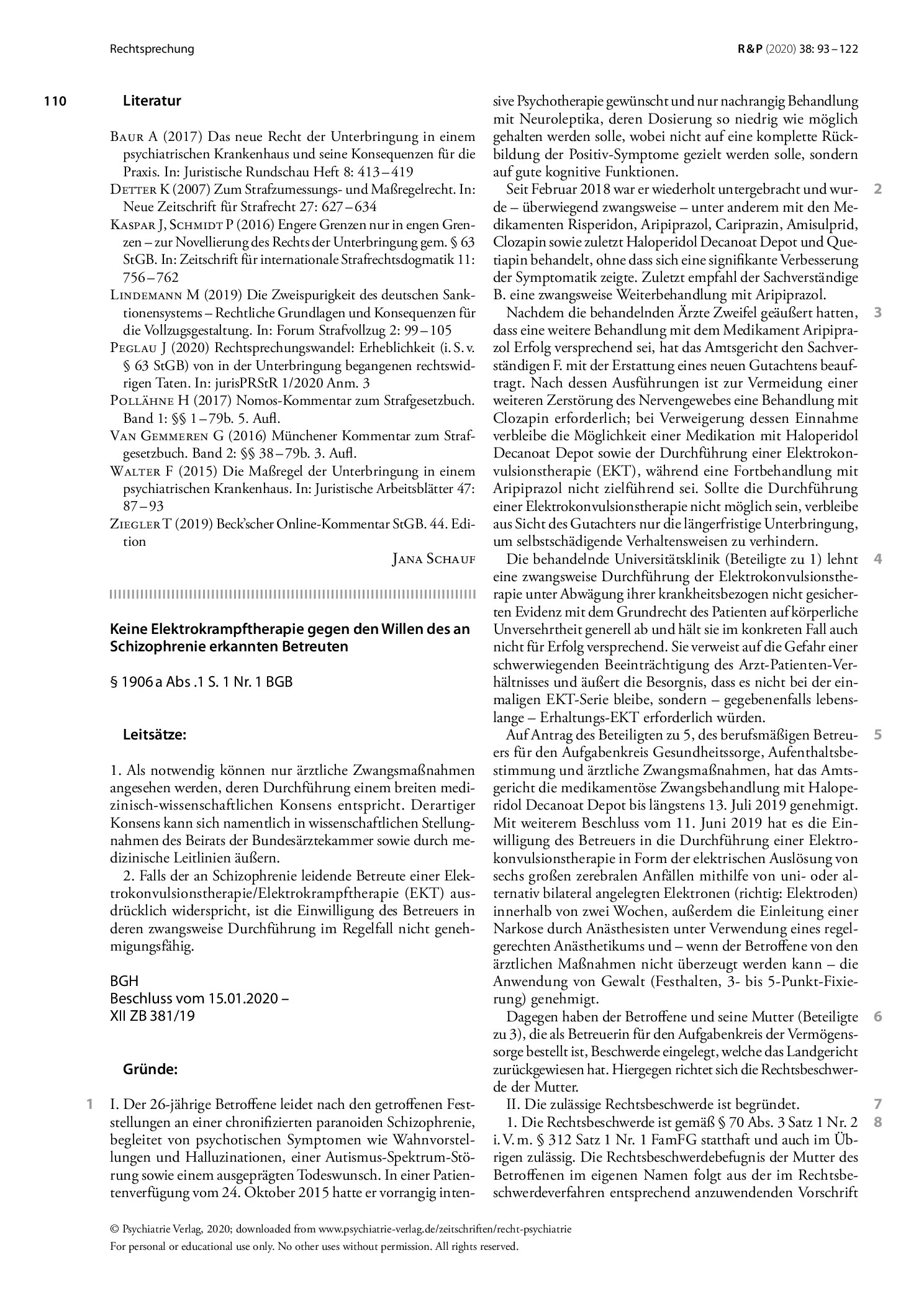 Vorschauseite 1: Keine Elektrokrampftherapie gegen den Willen des an Schizophrenie erkannten Betreuten