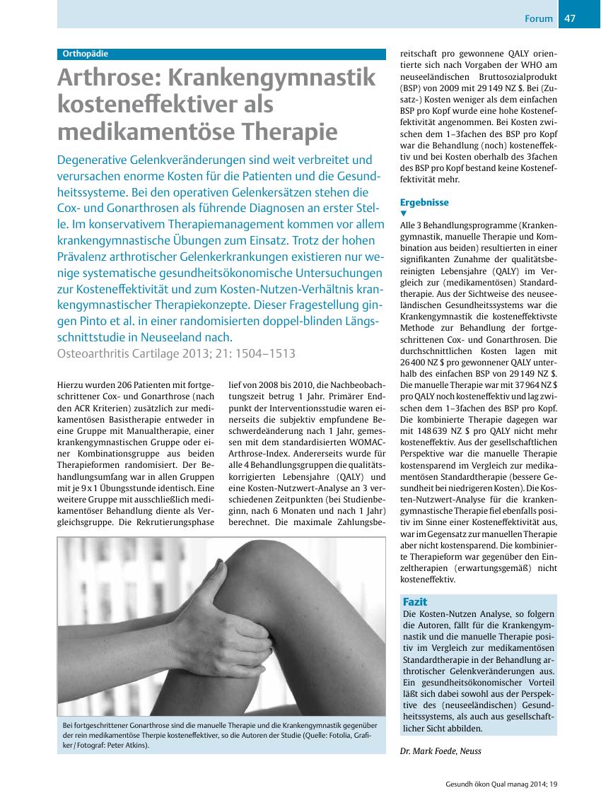 Vorschauseite 1: Orthopädie – Arthrose: Krankengymnastik kosteneffektiver als medikamentöse Therapie