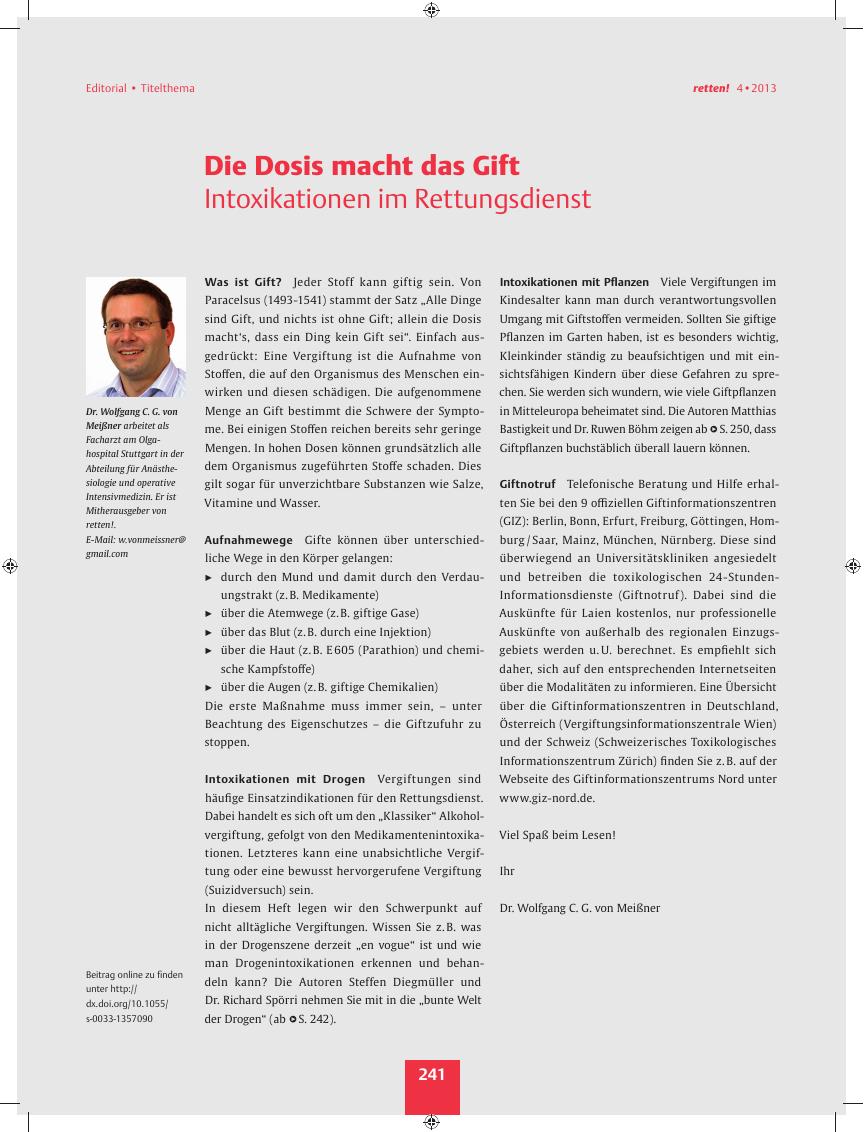 Vorschauseite 1: Die Dosis macht das Gift ? Intoxikationen im Rettungsdienst