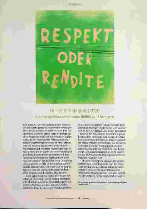 Vorschauseite 1: Respekt oder Rendite: Der GLS-Geldgipfel 2020. Auch angesichts von Corona finden wir Lösungen.