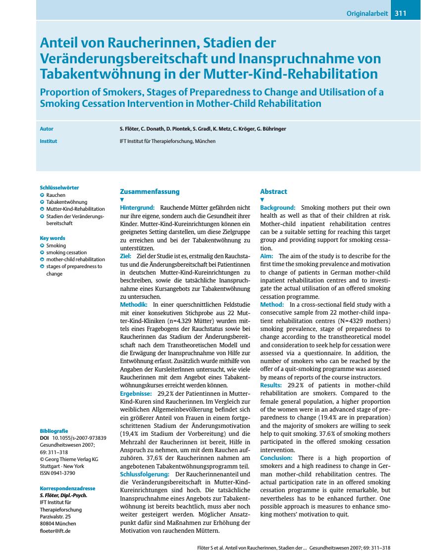 Vorschauseite 1: Anteil von Raucherinnen, Stadien der Veränderungsbereitschaft und Inanspruchnahme von Tabakentwöhnung in der Mutter-Kind-Rehabilitation